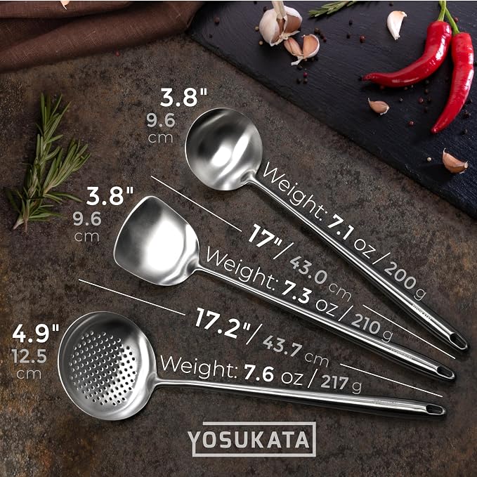 YOSUKATA 17" Stainless Steel Wok Spatula Ladle and Skimmer Spoon Set of 3 | High-Grade 304 Stainless Steel Kitchen Utensils Set - Dishwasher Safe Accessories - Wok Utensils - Cooking Tools - Image 6