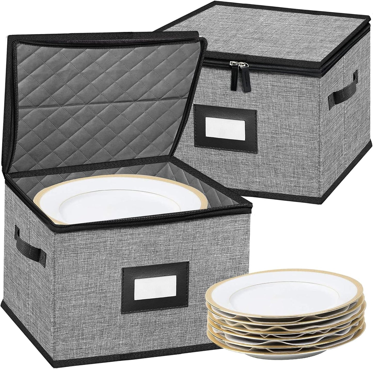 China Storage Containers-Quilted Dish Storage Containers with Lid Hard Shell for Moving Transport, Dinnerware Storage,Stackable Plate Storage,24 Felt Plate Dividers Included,2PACK 12*12*8in(Dark Grey)