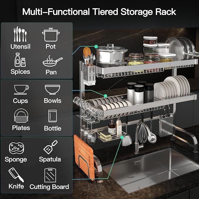 MAJALiS 3 Tier Extra Large Stainless Steel Over The Sink Dish Drying Rack - Image 5