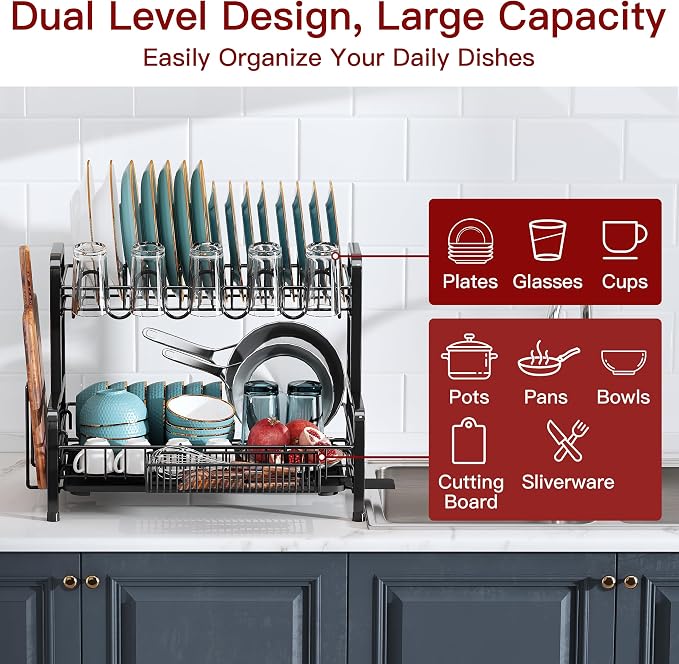BOOSINY 2 Tier Black Stainless Steel Dish Drying Rack for Kitchen Counter - Image 3
