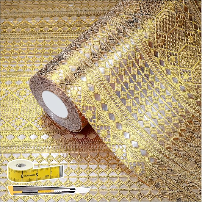 Drawer and Shelf Liner - Gold Geometric Lace Pattern,Non Adhesive by Kimhan