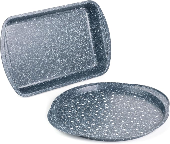 Russell Hobbs COMBO-5440 Pizza Roasting Tin Set, Non-Stick Oven Trays, Perforated Baking Pan with Deep Roaster, Carbon Steel, 2 Piece, Nightfall Stone Collection, Blue Marble, 37/38 cm by Russell+Hobbs