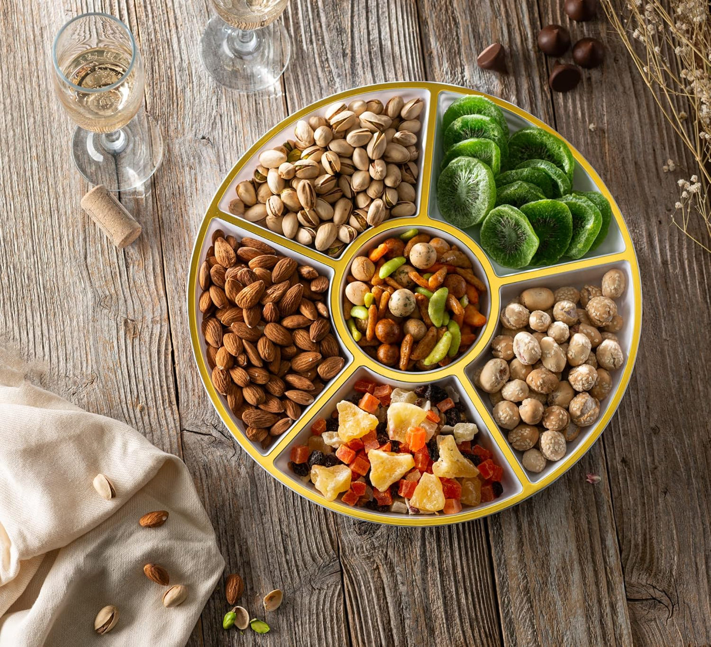 Plasticpro 6 Sectional Round Plastic Serving Tray/Platter (2, White & Gold)