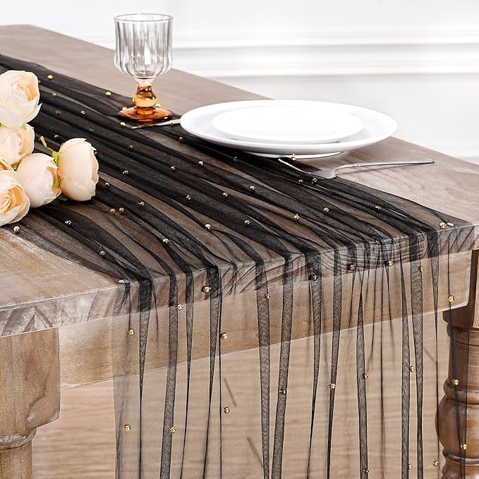 Gauze Pearl Tulle Table Runner Fabric Black 10ft Christmas Veil Chiffon by LuoluoHouse