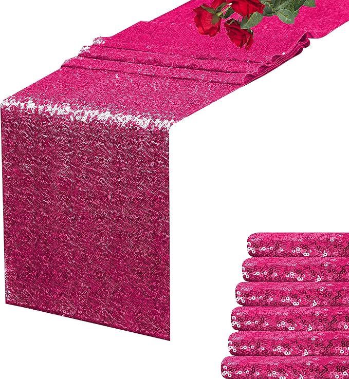 Hot Pink Sequin Table Runner 6 Pack, 12''x108 Glitter Table Runner by WISPET