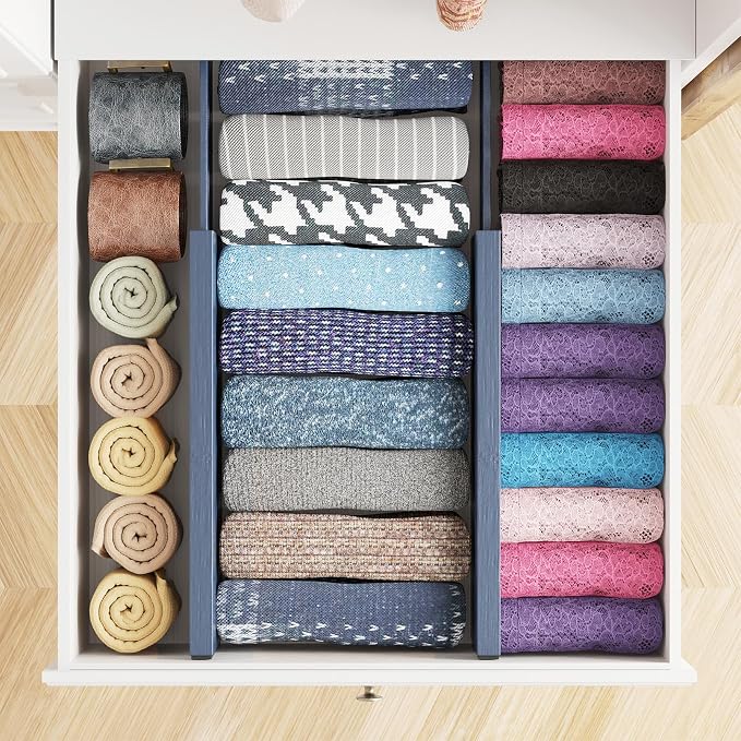 SpaceAid Bamboo 4 Pack Dresser Drawer Dividers, 4.65“ High Adjustable 12.5“-17” Drawer Organizers, Expandable Organization for Clothing, Clothes, Dressers, Navy Blue - Image 4