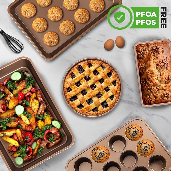 NutriChef 6-Piece Nonstick Bakeware Set, Carbon Steel Baking Pans Set, Includes Cookie Sheets, Wide & Square Bake Pans, Bread Loaf & Round Cake Pan, Muffin Pan - Gold - Image 4