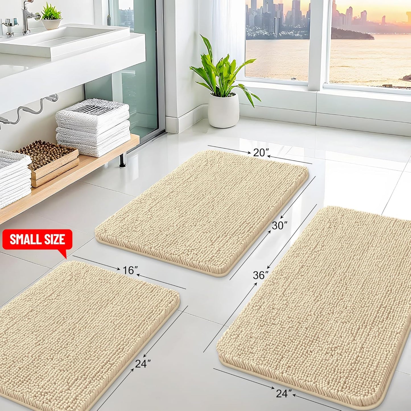 Arotive Bathroom Rugs 44x24, Extra Soft Absorbent Shaggy Chenille Bath Rugs, Machine Washable Rubber Backing Non-Slip Bath Mats for Bathroom Floor Tub and Shower, Home Decor Accessories, Beige