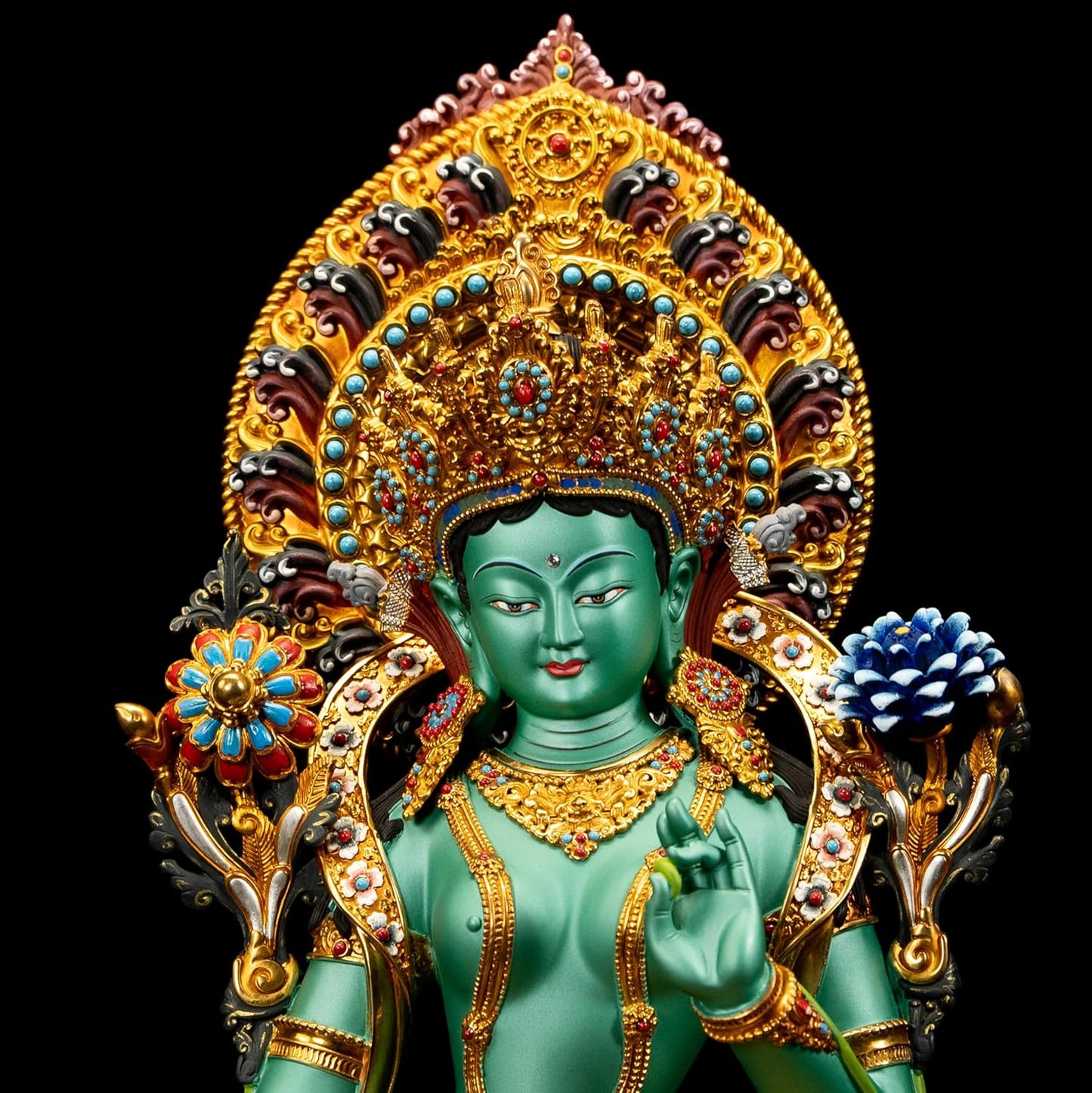 Handmade Copper Buddha Statue Indoor, Green Tara Buda Sculpture for Home Decor, Hand-Painted Colored Buddhist Budda,14.17"