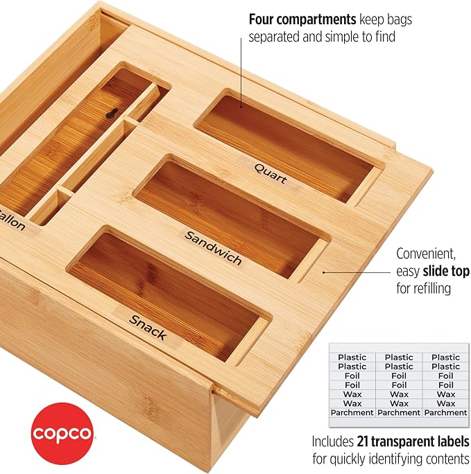 Copco Bamboo Storage Bag Organizer with Labels - 4-Compartment Kitchen Drawer or Wall Mount Holder for Gallon, Quart, Sandwich and Snack Bags, 13 x 12 x 3 Inches - Image 3