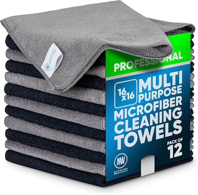 MW Pro Microfiber Cleaning Cloth | Black Gray | 12 Pack | 16” x 16” | All Purpose Microfiber Towels - Clean, Dust, Polish, Scrub, Absorbent by MicrofiberWholesale