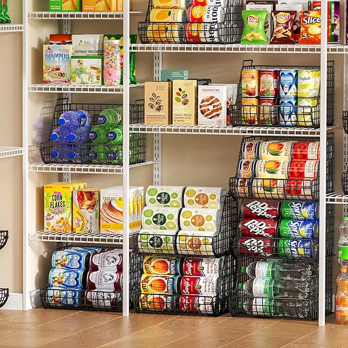 Stacking Can Dispensers 3 Tier with 3 Divider, Large Pantry Can Organizer, Beverage Drink Pop Soda Can Storage Basket, Can Holders for Pantry, Canned Food Rack Wire Bins for Kitchen Cabinet (3-Pack) - Image 4