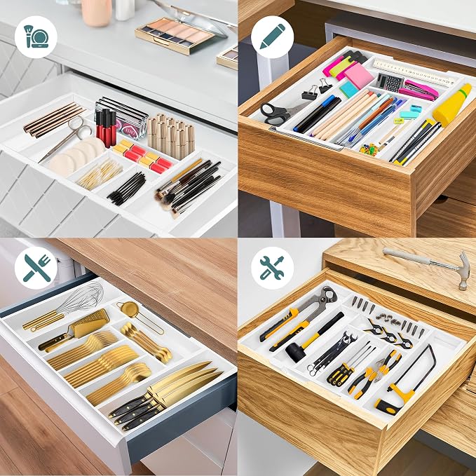 Sben Bamboo Cutlery Drawer Organizer, White, Large - Image 6
