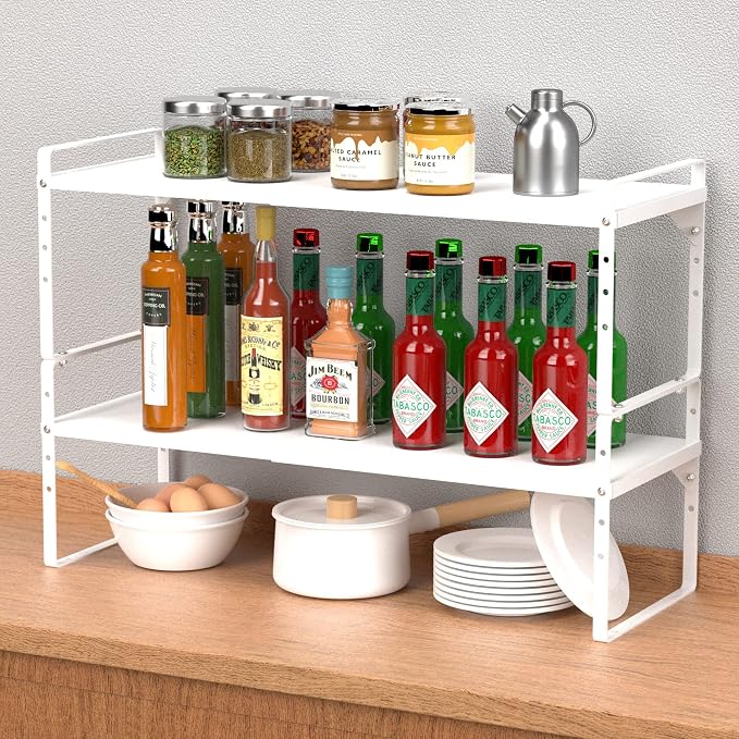 iPEGTOP Expandable Cabinet Storage Shelf Organizer Rack, Heavy Duty Cupboard Stand Spice Rack Adjustable Height Garage Pantry Shelf Space Riser for Counter Kitchen Organization, White, 1 Pack - Image 7
