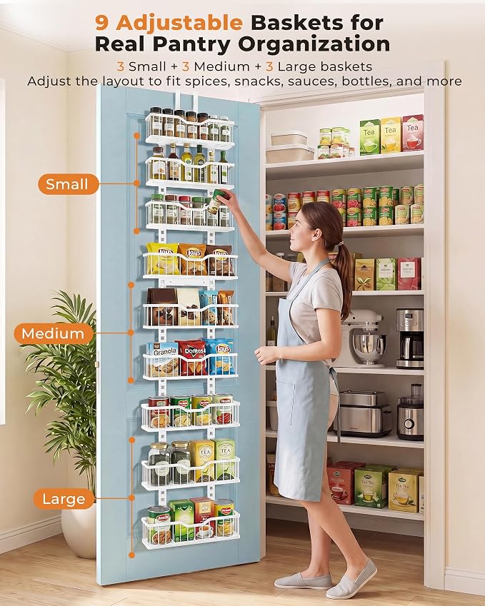 EVERIE Over the Door Pantry Organizer, 9-Tier Heavy Duty Door Storage Rack with Solid Bottom Baskets, Stable No-Bumping Design, Adjustable Hanging Shelves for Kitchen Pantry - Image 7