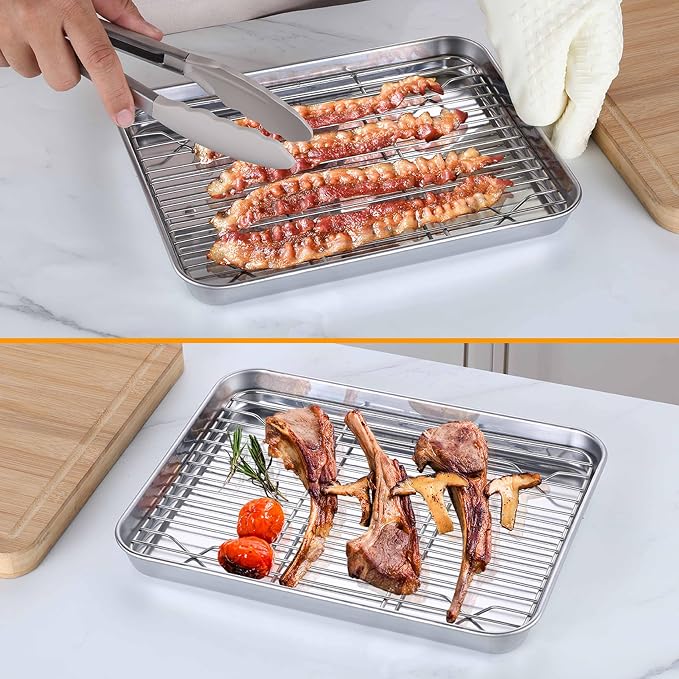 Homikit Mini Baking Sheet with Wire Rack for Toaster Oven (1 Pan+1 Rack) | 9x7 Inch Stainless Steel Baking Pan with Cooling Rack Set, Metal Cookie Sheets, Small Bacon Tray, Nonstick, Dishwasher Safe - Image 6