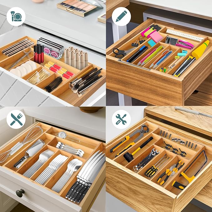 Sben Bamboo Cutlery Drawer Organizer, Expandable 10.3 to 16.5 Inch Silverware Drawer Organizer with 8 Compartments, Utensil Tray and Flatware Organizer for Kitchen Drawers (Bamboo, Medium) - Image 5