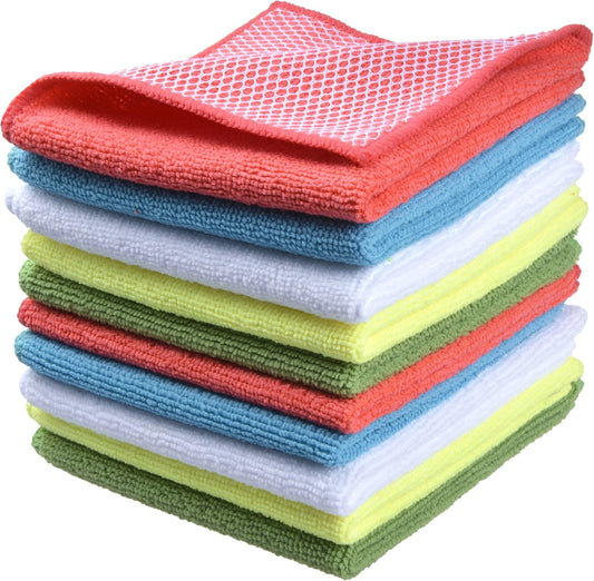 SINLAND Microfiber Dish Cloth for Washing Dishes Dish Rags Best Kitchen Washcloth Cleaning Cloths with Poly Scour Side 5 Color Assorted 12inchx12inch 10pack