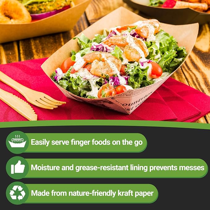 Restaurantware-Bio Tek 1 Pound Food Trays, 200 Disposable Paper Food Trays - Heavy-Duty, Greaseproof, Newsprint Paper Food Boats, For Snacks, Appetizers, Or Treats, Use At Parties Or Carnivals - Image 9