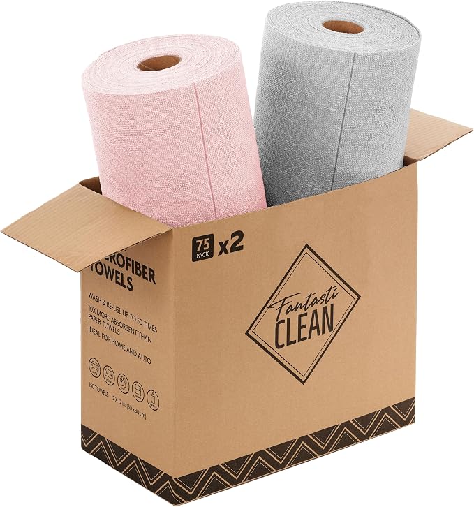 Fantasticlean Microfiber Cleaning Cloth Rolls-150 Sheets,12"x12"(Pink,Grey) by Fantasticlean