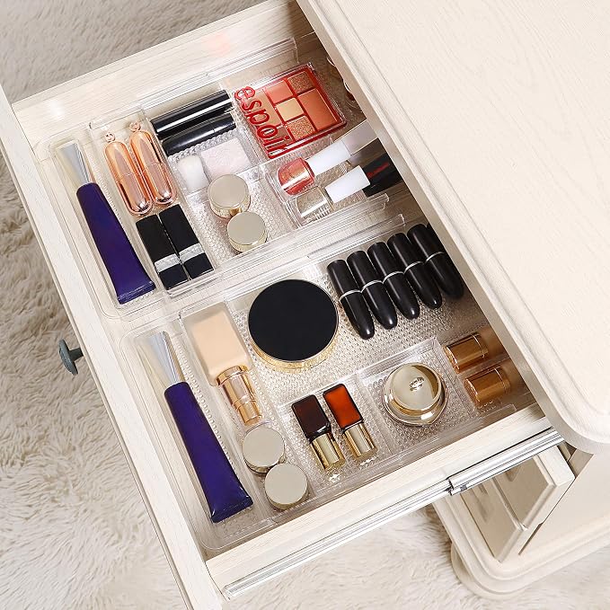 Oubonun Expandable Shallow Vanity Plastic Makeup Drawer Organizers, 2 Pack | Low Profile 1.3 Inch Height Clear Storage Tray - Scalable Width Customization Fits Cosmetic Lipsticks Brushes, Dressing Table - Image 7