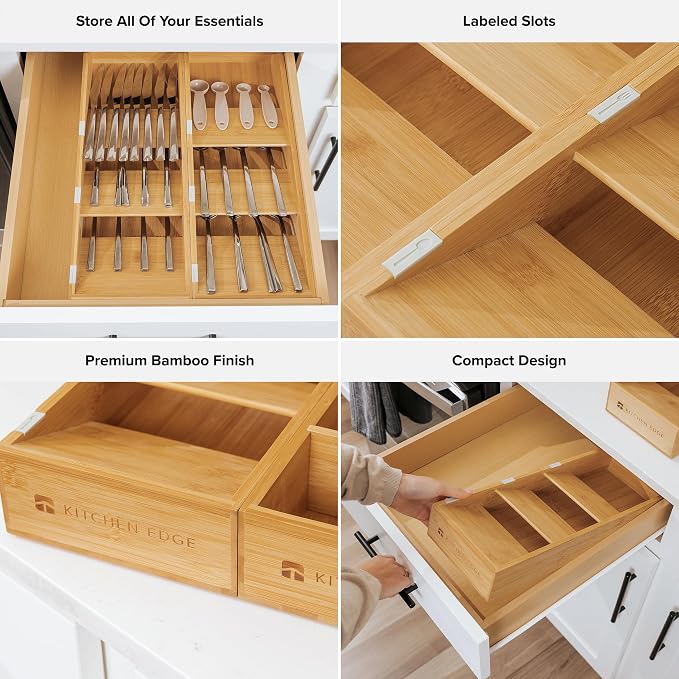 KitchenEdge Slanted Cutlery & Flatware Organizer, 2 Pack, Bamboo - Image 3