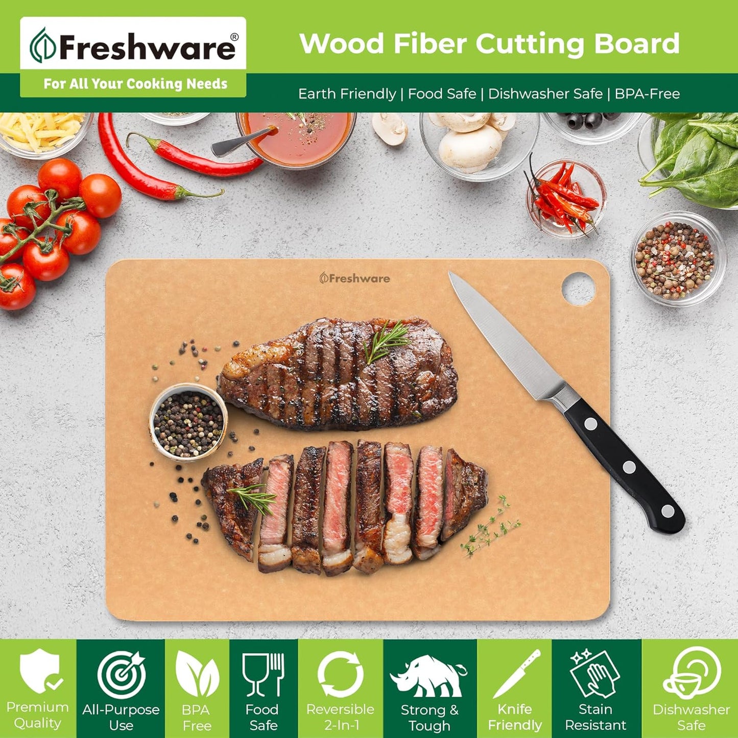 Freshware Wood Cutting Board for Kitchen, Dishwasher Safe, X Large, 18" x 13", Natural Slate