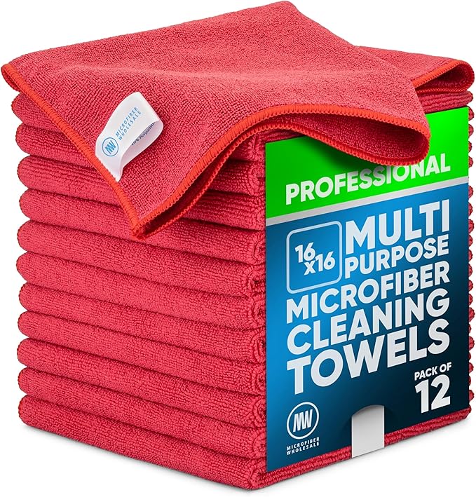 MW Pro Microfiber Cleaning Cloth | Red (12 Pack) | Size 16" x 16" | All Purpose Microfiber Towels - Clean, Dust, Polish, Scrub, Absorbent by MicrofiberWholesale