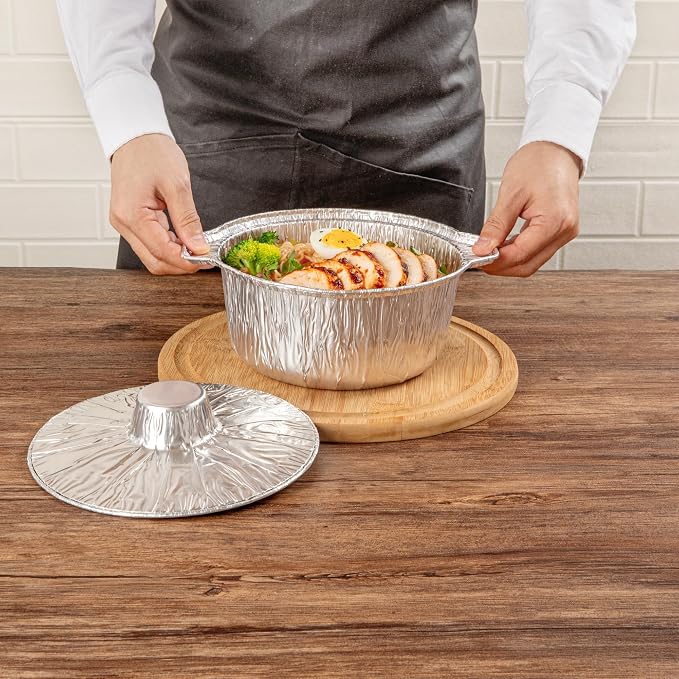 Foil Lux 60 Ounce Pans And Lids, 100 Disposable Pots With Lids - Oven-Ready, Stove Compatible, Aluminum Foil Baking Pans, Freezable, For Outdoor Camping, Vacation, Picnic, And More - Restaurantware - Image 5