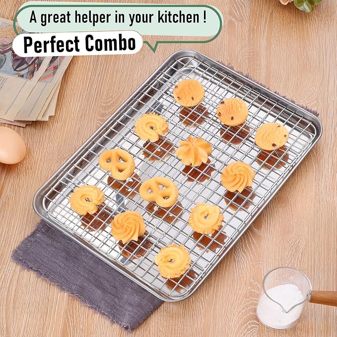 Homikit Baking Sheet with Wire Rack Set (1 Pan+1 Cooling Rack), 12" x 10" | Stainless Steel Quarter Sheet Pan with Grid Cooling Rack for Toaster Oven Roasting, Metal Bacon Cookie Trays with Baking Rack - Image 5