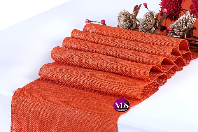 VDS Pack of 25, Burlap Table Runner 100% Natural Jute Rustic Hessian Table Cloth Centrepiece for Wedding Bridal Shower Birthday Event Party Banquet Table Decoration (Size 12X108 Inch)(Orange) - Image 3