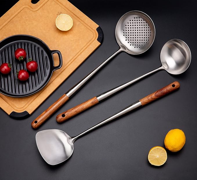 FJNATINH Solid 304 Stainless Steel Skimmer Slotted Spoon Colander Strainer Ladle for Cooking and Frying, Kitchen Utensils Wire Strainer Pasta Strainer Spoon - Image 5