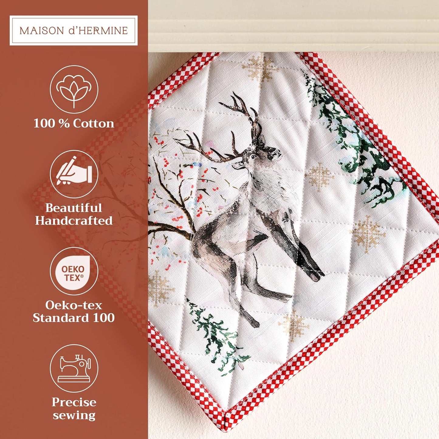 Maison d' Hermine Pot Holders Set 100% Cotton Heat Resistant Potholders 8" x 8" Hot Pads with Loop BBQ, Cooking, Baking, Grilling, Kitchen, Handling Hot Pans (Pack of 2, Rural Christmas)