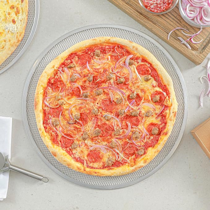Restaurantware 19 Inch Aluminum Pizza Screen Pack of 36 Mesh Baking Tool For Crispy Crust, Lightweight Stackable Seamless Rim Rust-Resistant Baking Screen, Reusable for Pizzerias, Home Oven Use - Image 6
