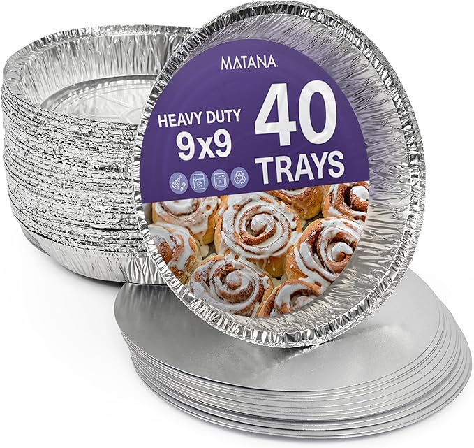 MATANA 40 Pack 9 Inch Round Aluminum Foil Pie Pans with Lids, Pie Tins Disposable for Cinnamon Rolls, Baking Tarts & Cakes, Pie Pan For Cooking, Storage, Roasting & Reheating by MATANA