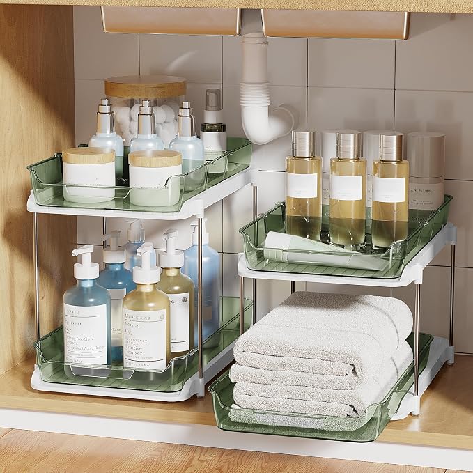 Delamu 2-Tier Multi-Purpose Bathroom Under Sink Organizers and Storage, Stackable Kitchen Pantry Organization, Pull Out Medicine Cabinet Organizer with Movable Dividers, Light Green, 4 Pack - Image 8