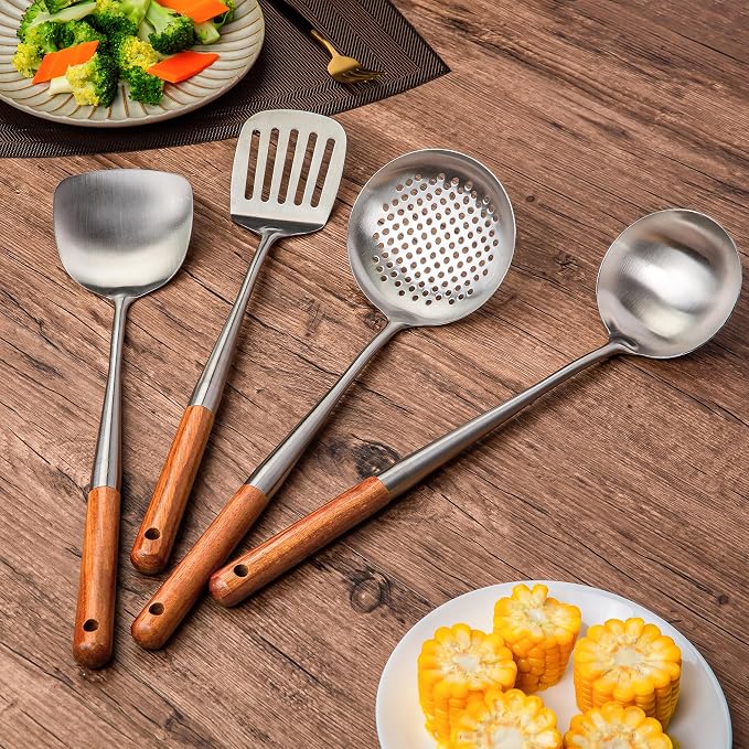 FJNATINH 17inch Wok Spatula and Ladle, Skimmer Spoon, Slotted Turner Spatula Set 304 Stainless Steel Kitchen Utensils Sets, 4-Pieces Cooking Utensils Tools Wok Accessories - Image 2
