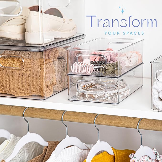 Plastic Food Storage 6 Pack Clear Container Bin with Handles for Organizing Kitchen, Pantry, Refrigerator, Freezer, Pantry, Cabinet, Closet, Bathroom. Stackable 10”x6”x3” - Image 6