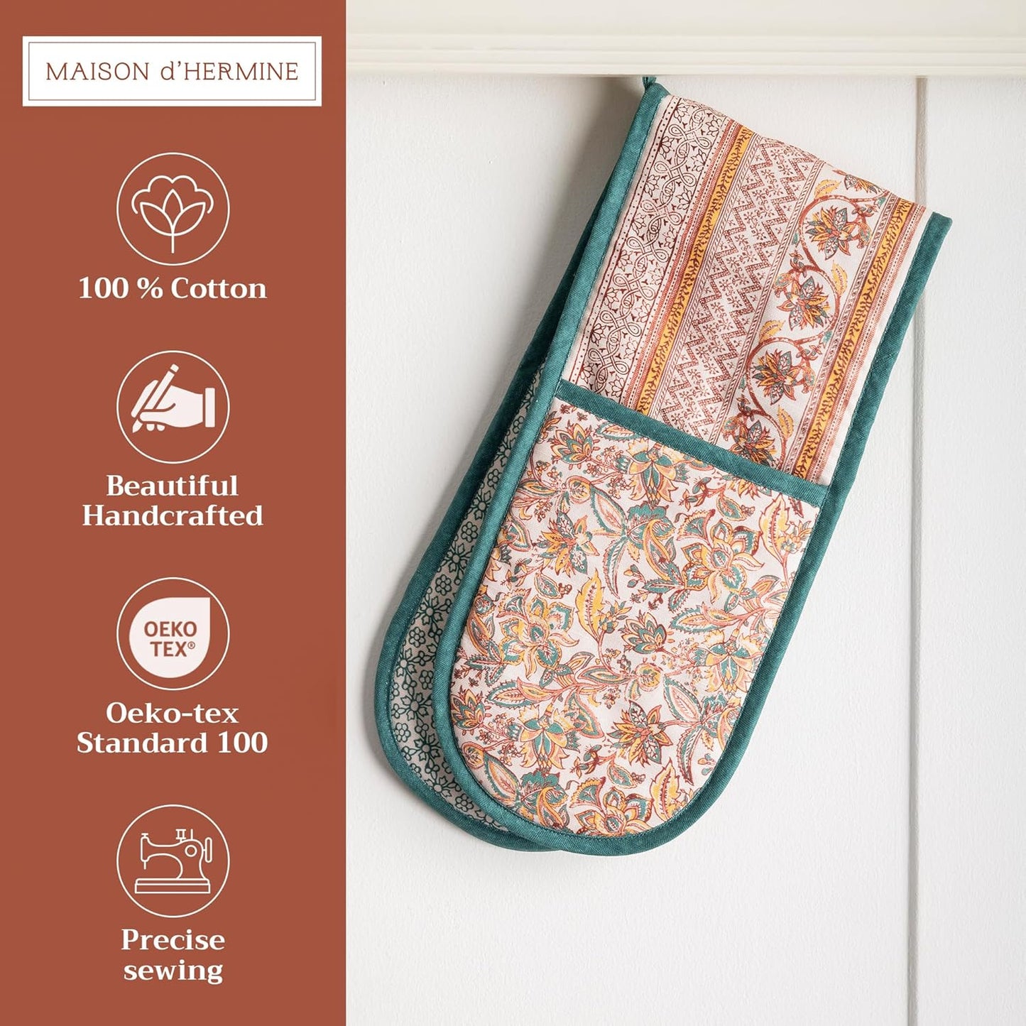 Maison d' Hermine Double Oven Mitts 100% Cotton 7"x35" Double Oven Mitt Heat Resistant BBQ Cooking Gloves with Loop, Baking, Grilling, Home, Kitchen, Handling Hot Pans (Nila)