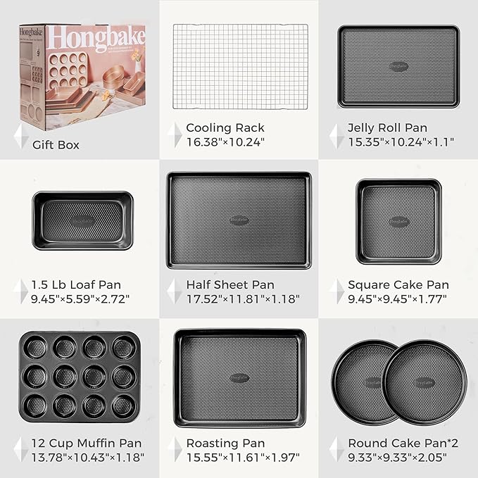 HONGBAKE 9-Piece Baking Pans Set Nonstick, Stackable Non Toxic Bakeware Sets with Diamond Texture, Oven Pan Set for Cooking, Includes Cookie Sheet with Rack, Cake Pan, Roasting Pan, Muffin Tin, Gray - Image 6