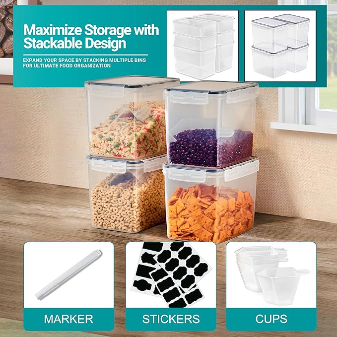 Sorbus Air Tight Pantry Storage Containers, with Lids (4 Pack) | Four-way snap closure helps keep cereal, pasta, flour, nuts and candy fresh; durable plastic bins for kitchen use. - Image 6
