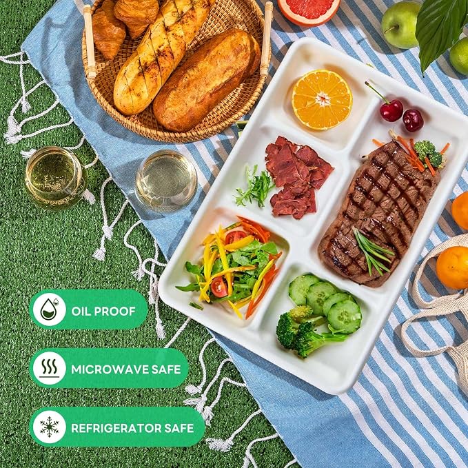 Gezond 100% Compostable 5 Compartment Plates Disposable 12.5 Inch 100 Pack | School Lunch Trays Heavy Duty Divided Eco-Friendly Biodegradable Sugarcane Plates for Party Buffet Lunch Dinner - Image 3