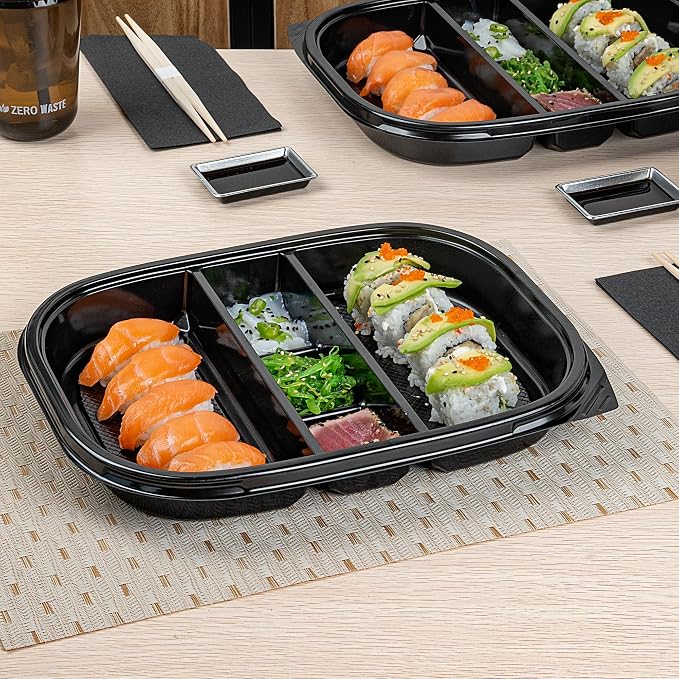 Restaurantware-Bento Tek 50.7 Ounce Meal Prep Containers, 50 Disposable To Go Food Boxes - Lids Sold Separately, 5 Compartments, Black Plastic Bento Lunch Boxes, Freezable, For Take Out - Image 3