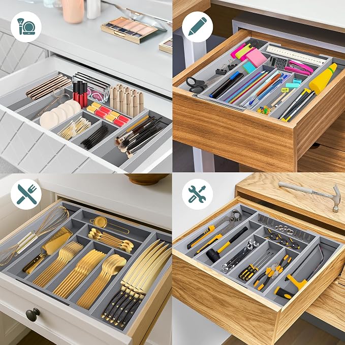 Sben Bamboo Cutlery Drawer Organizer, Gray, Large - Image 6