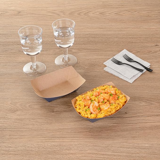 Restaurantware-Bio Tek 6 Ounce Boat Paper Boats, 400 Disposable #40 Food Trays - PE Lining, Durable, Black Paper Food Baskets, For Concession Stands, Picnics, or Fairs, Stackable - Image 8