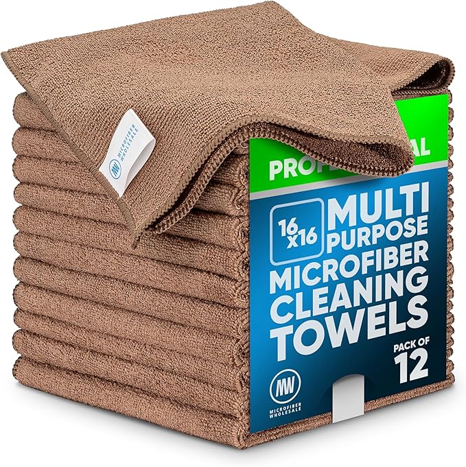 MW Pro Microfiber Cleaning Cloth | Tan | 12 Pack | 16” x 16” | All Purpose Microfiber Towels - Clean, Dust, Polish, Scrub, Absorbent by MicrofiberWholesale