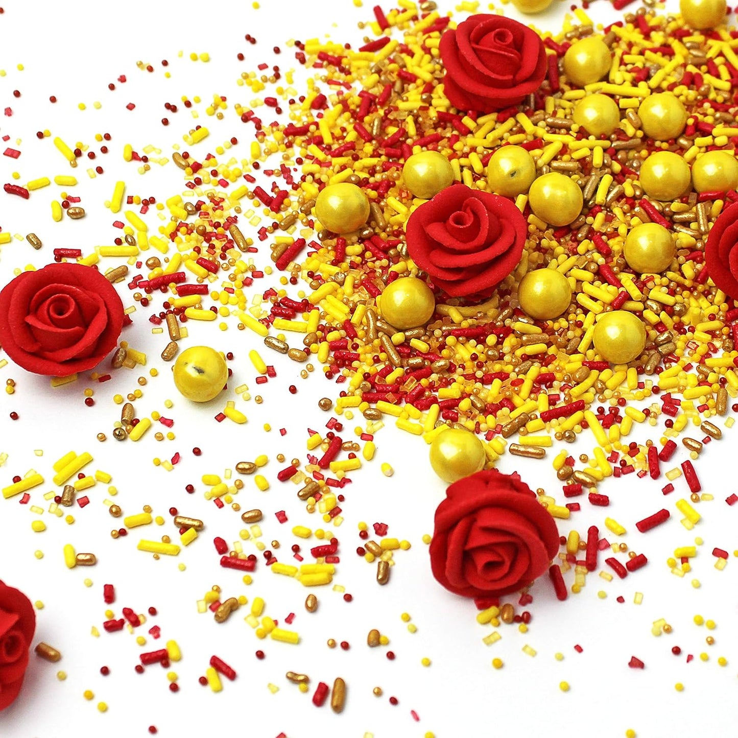 Sprinkle Pop Bell Of The Ball Princess Sprinkle Mix| Yellow Sprinkles with Red, Gold Pops & ~6 Red Roses Royal Icing| Birthday Sprinkles Made in USA for Decorating Cakes Cupcakes Cookies Donuts, 2oz