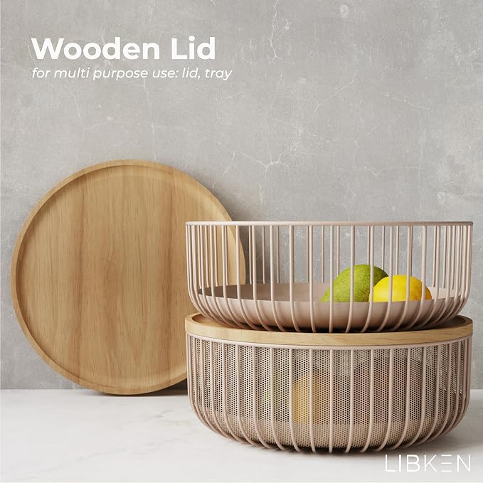 LIBKEN Metal Fruit Bowl Basket with Wooden Lid - Fruit and Vegetable Holder For Kitchen Counter - Countertop Display Baskets Organizer - Bowl Storage for Veggie, Fruits, Snack, and Banana - Peach - Image 2