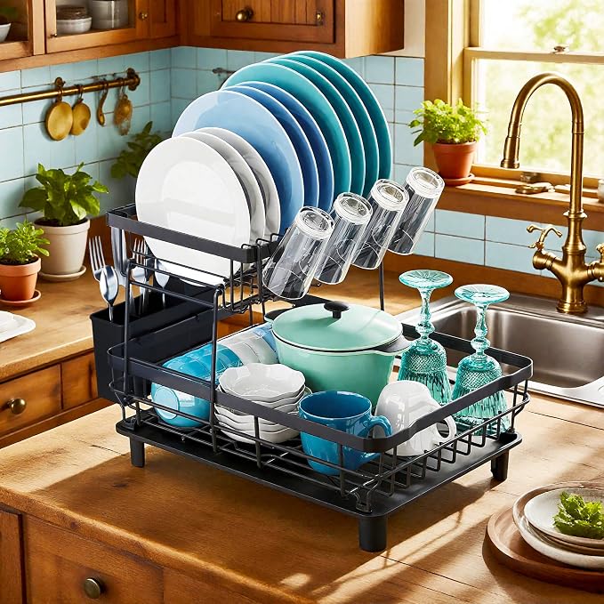 MOUKABAL 2 Tier Dish Drying Rack with Drainboard for Kitchen Counter, Black - Image 2