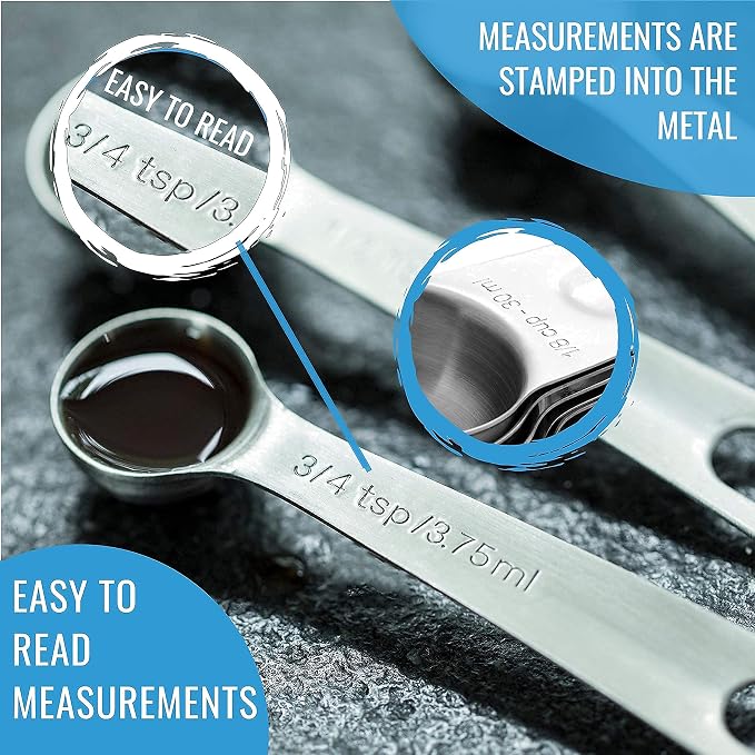 KPKitchen Silicone Baking Mats Set of 5 and Stainless Steel Measuring Cups and Spoons Set of 14-2 Half Sheets Mats + 1 Quarter Sheet Liner + 1 Round & 1 Square Cake Mat - 7 Metal Cup & 7 Metal Spoon - Image 7